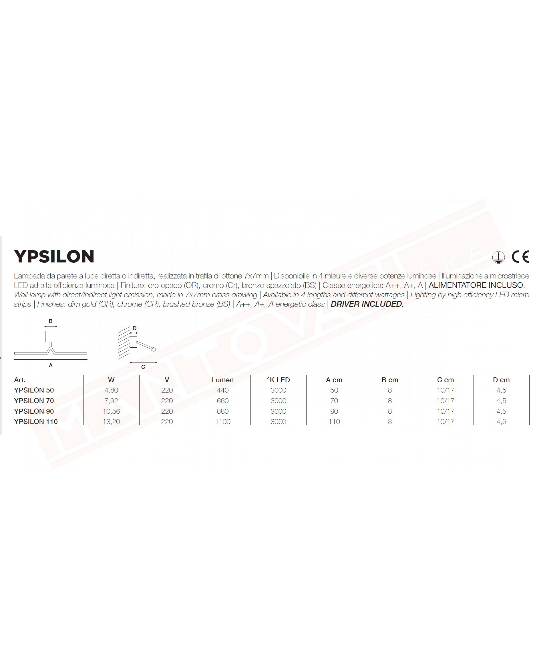 Icone Ypsilon lampada a parete a led 13.20 w 1100 lm 3000k cromata lunghezza cm 110 sporgenza 10\17