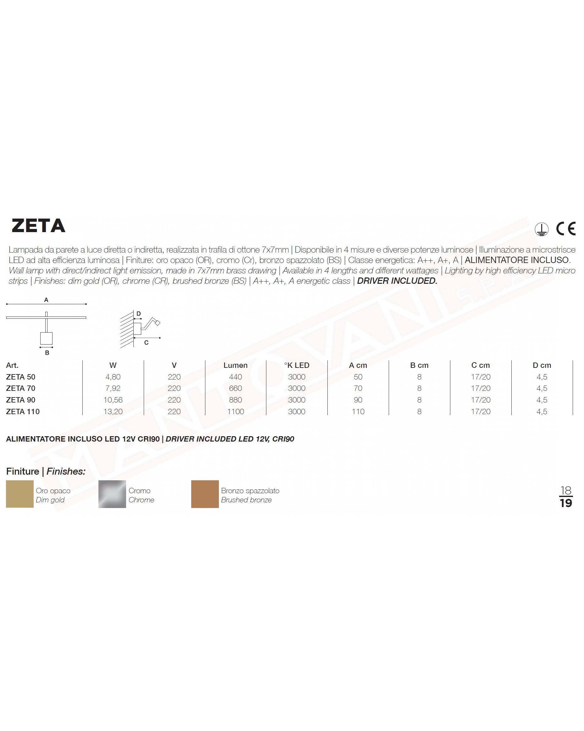Icone Zeta lampada a parete a led 10.56 w 880 lm 3000k bronzo spazzolato lunghezza cm 90 sporgenza 17\20