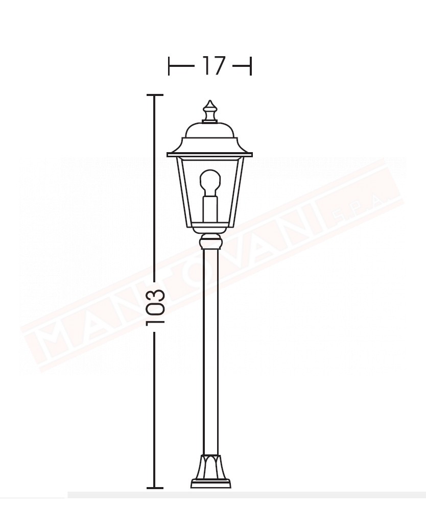 Moretti lampione per esterno con palo liscio l.cm 17 h.108 cm attacco e27 alluminio nero
