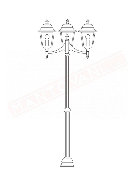 Moretti lampione per esterno a 3 luci con palo scanalato l.cm17 altezza regolabile da cm 132 a 198 attacco e27 alluminio nero