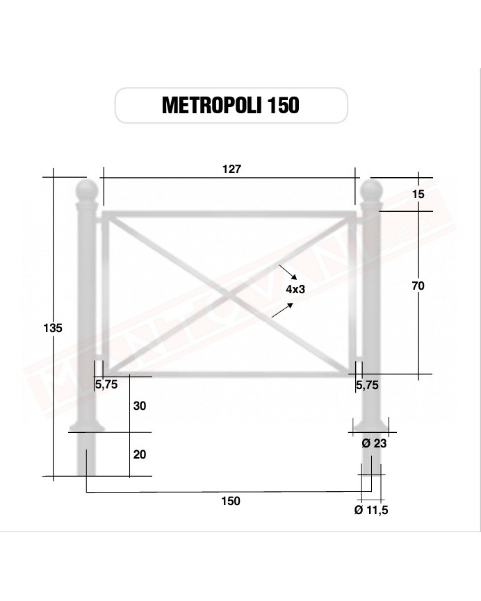 Barriere in ferro Metropoli interasse pali 150 cm diametro pali 11.5 h pali fuori terra 85 cm
