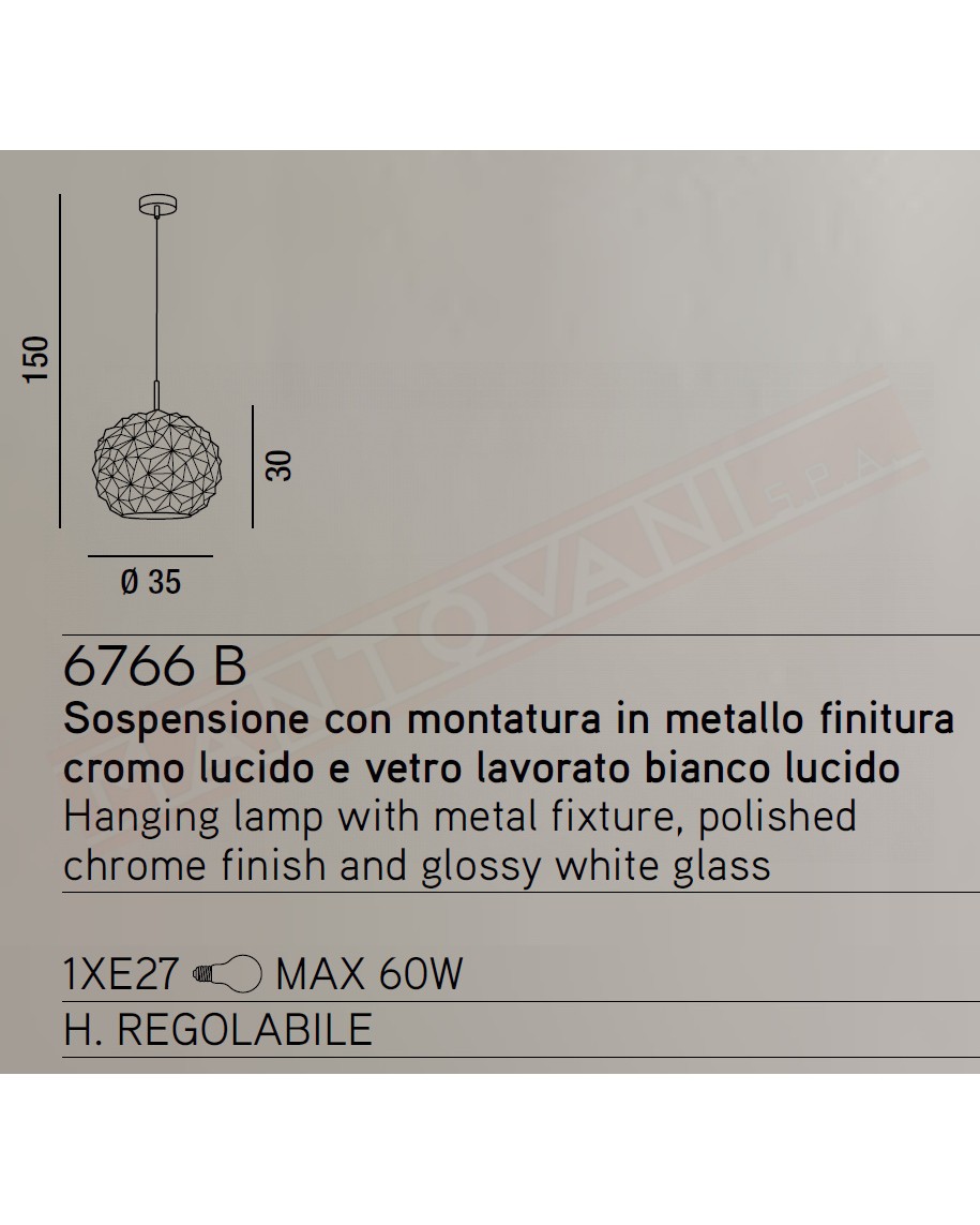 Perenz Meteora sospensione in vetro lavorato bianco e montatura cromo diametro 35 1xe27