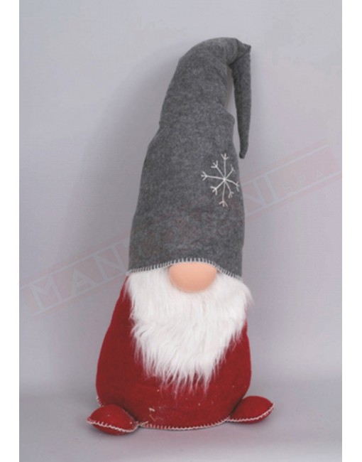 Gnomo natalizio con vestiti rossi e berretto grigio calato sul nasone h 127 cm x 36 cm
