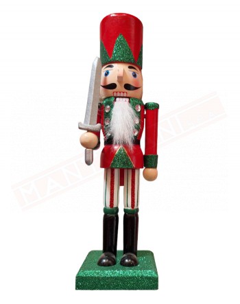 Pupazzo natalizio.Soldatino in legno con spada e giacca rossa. Decorazione natalizia h 25 cm