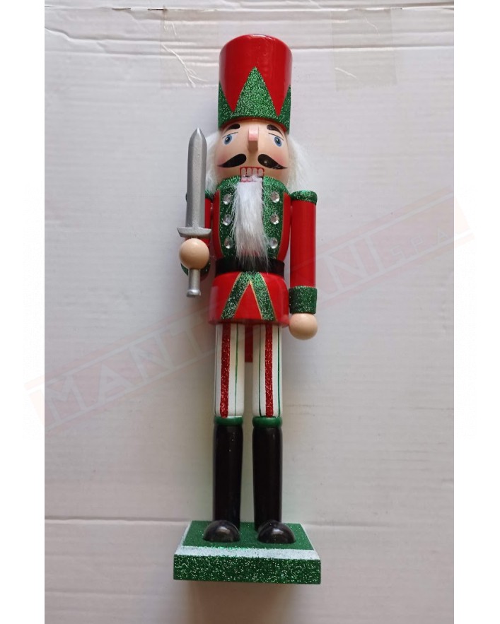 Pupazzo natalizio.Soldatino in legno con spada e giacca rossa verde . Decorazione natalizia h 38 cm