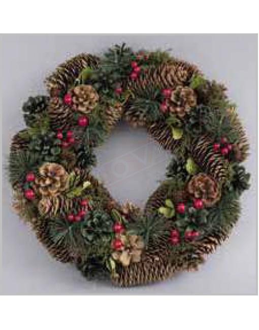 Fuoriporta lusso natalizio corona materiali naturali diametro 36 cm pigne, bacche rosse .rametti pino,