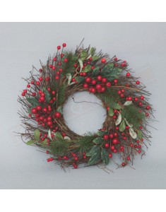 Fuoriporta lusso natalizio corona saggina materiali naturali diametro 46 cm pigne palline,, bacche rosse .rametti pino,