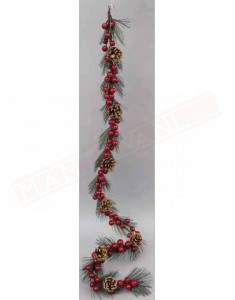 Garland natalizio pigne e bacche rosse. Ghirlanda in materiali naturali lunghezza 120 cm ,