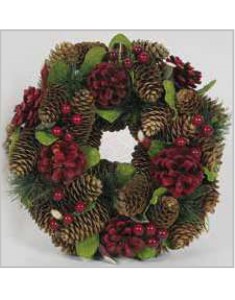 Fuoriporta lusso natalizio corona materiali naturali e pvc diametro 26 cm pigne rosse e naturali , bacche rosse .rametti pino,