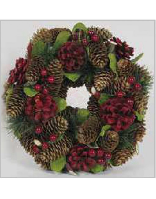 Fuoriporta lusso natalizio corona materiali naturali e pvc diametro 26 cm pigne rosse e naturali , bacche rosse .rametti pino,