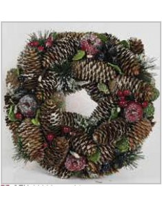 Fuoriporta lusso natalizio corona materiali naturali diametro 24 cm pigne innevate, naturali , bacche rosse .rametti pino,