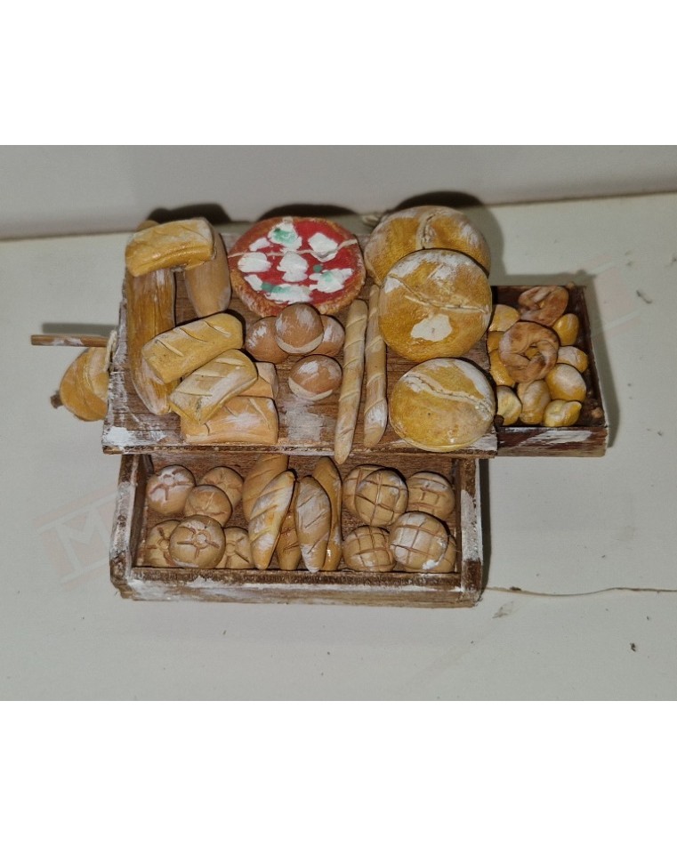 Banco venditore panini filoni e pizza per presepe con statuine da cm 12 misure 11x8x6