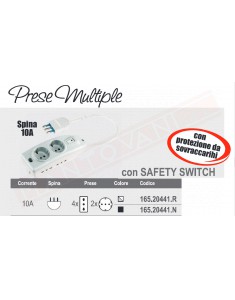 Scame ciabatta bianca 4 biprese 2 schuko con spina piccola e safety switch che interrompe l'utilizzo in caso di surriscaldamento