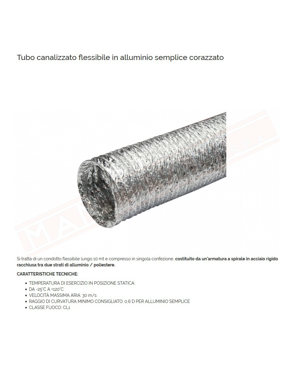 Tubo canalizzato semplice in alluminio d int 85 mm metri 10 temperatura massima statica 120 gradi raggio minimo curvatura 0.6d