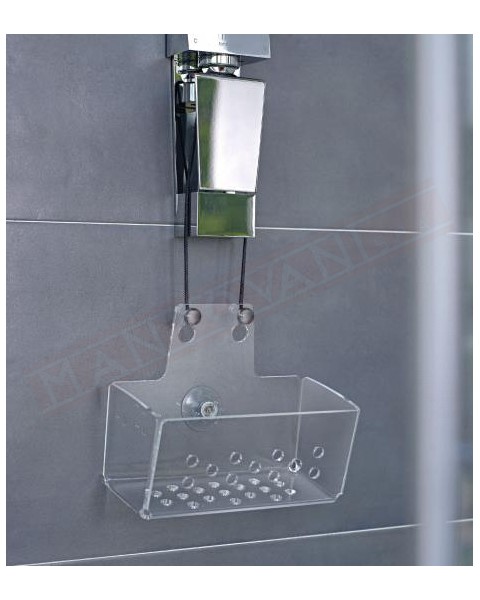TL BATH vaschetta portaoggetti trasparente in plexiglass con ventosa e cordino di sicurezza da agganciare al saliscendi