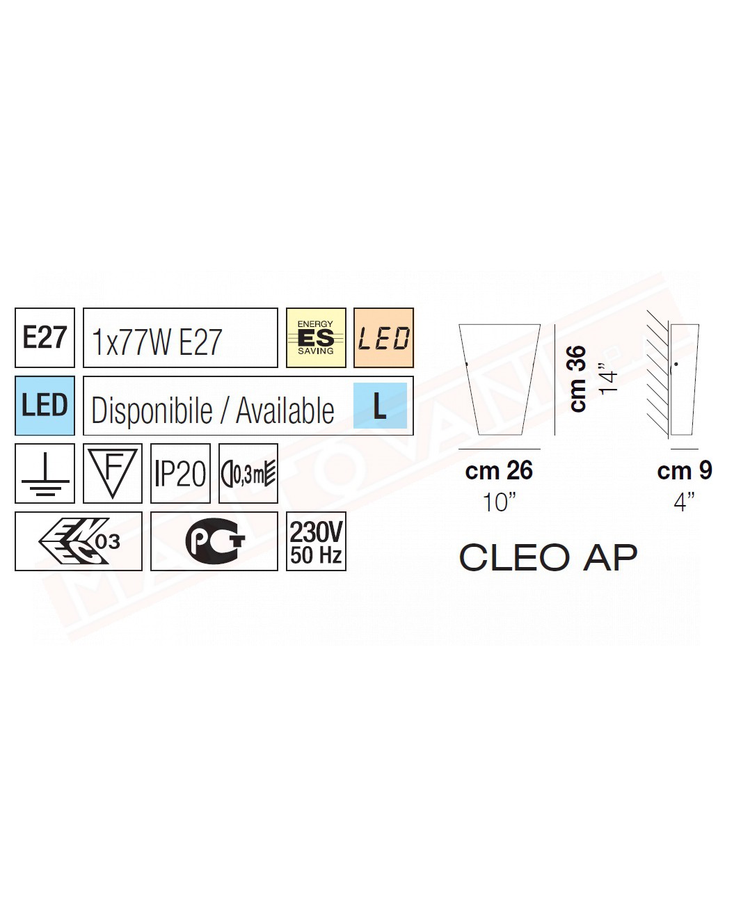 Vistosi Cleo applique in vetro bianco e montatura nikel attacco e27 max 77w cm 26x9x36