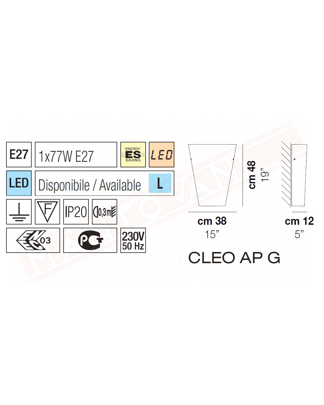 Vistosi Cleo applique in vetro bianco e montatura nikel 2 attacchi e27 max 77w cm 3812x48