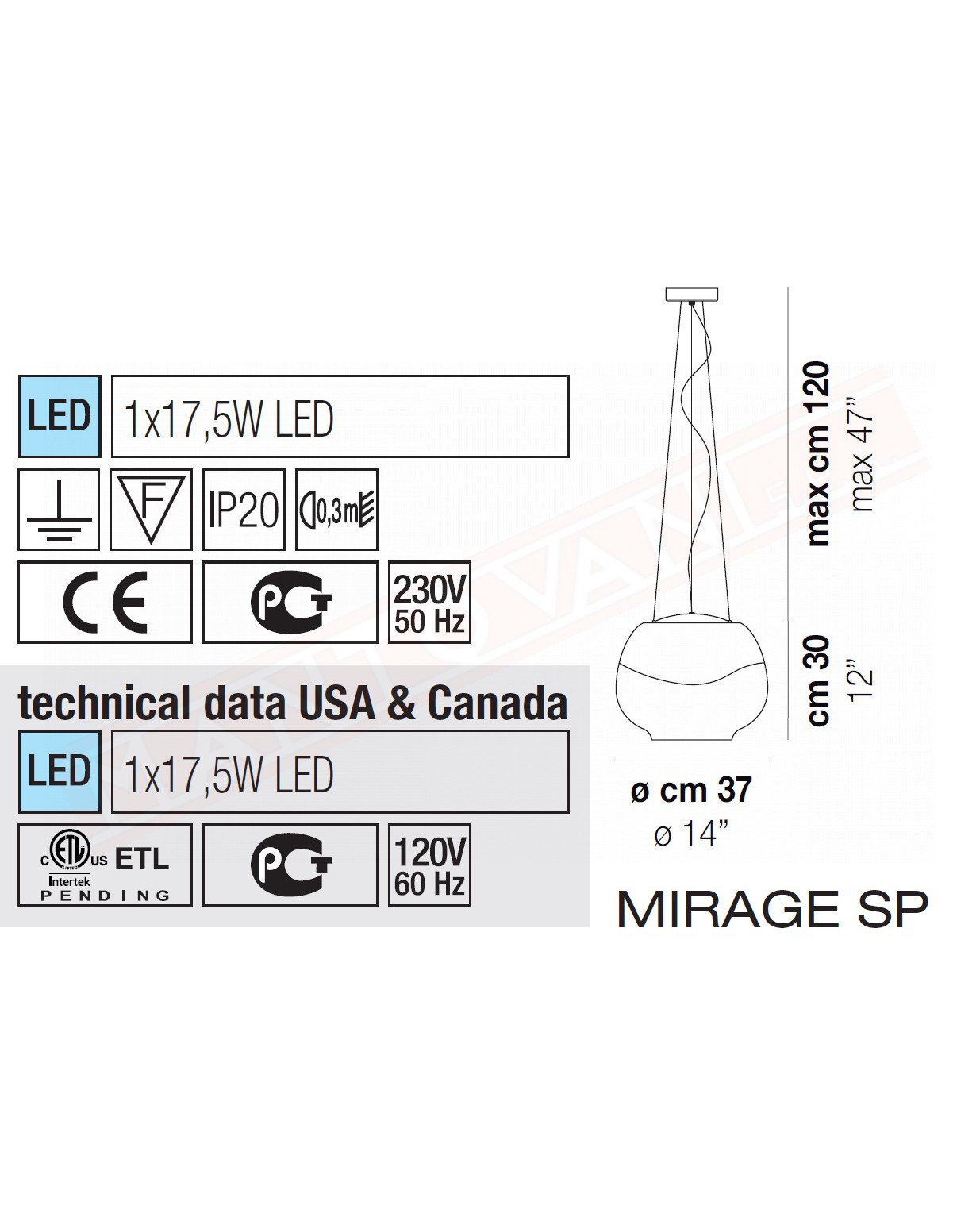 Vistosi Mirage sospensione in vetro fume' diametro cm 37 h 30 + cavo a led 19.5w 2850lm dimmerabile