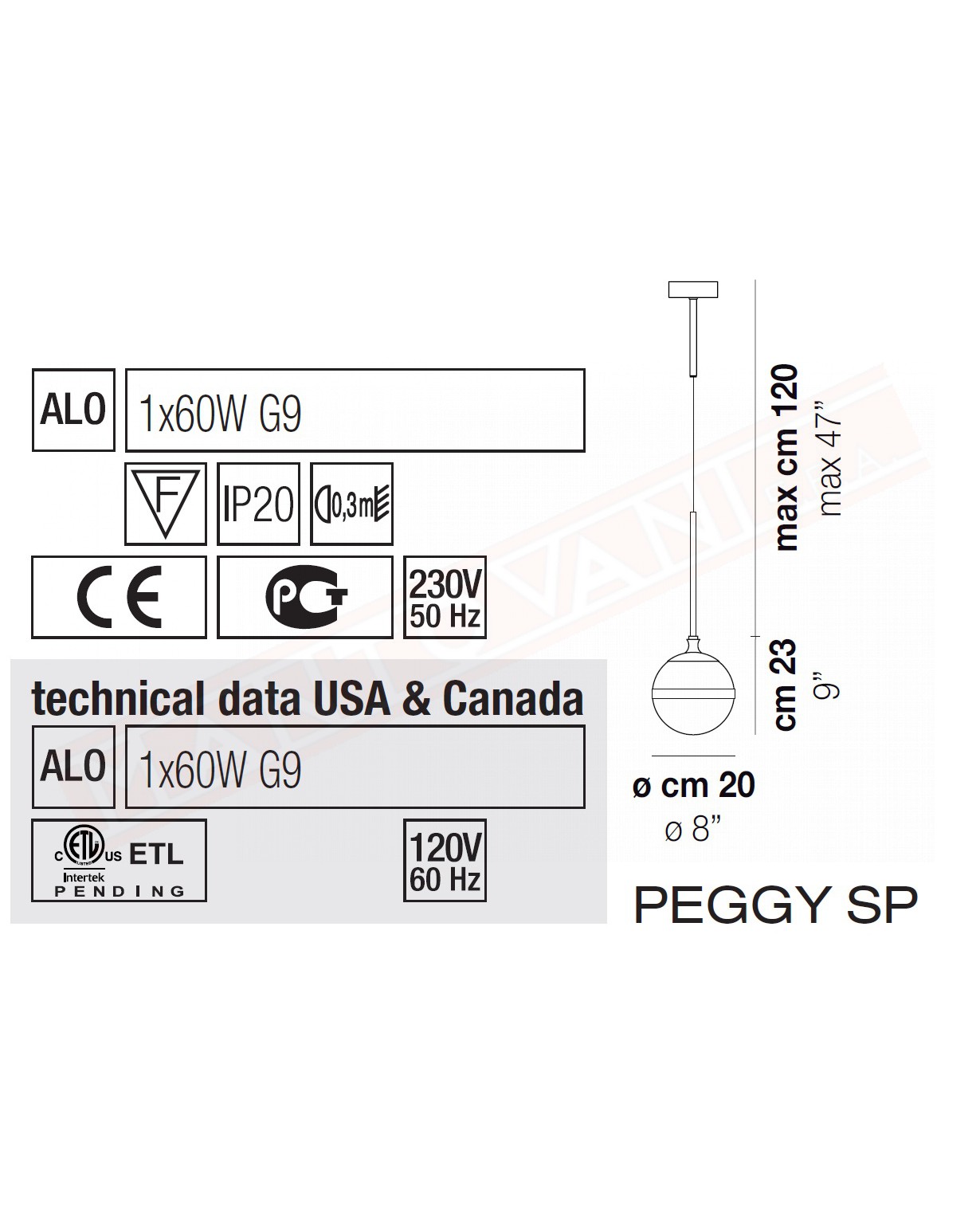 Vistosi Peggy sospensione in vetro soffiato bianco e parte metallica nero lucido cm 20 h 23 +cavo 1xg9
