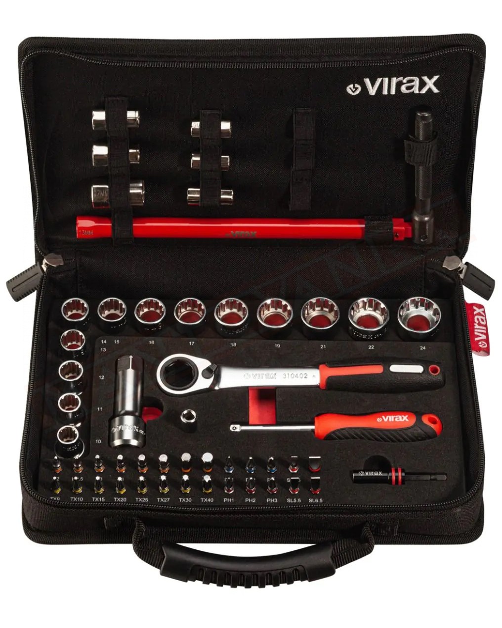 Virax valigetta plombi'box 1 chiave per rubinetti con bussole per dadi 9-10-11-12-13-14-17 cricchetto con 13 boccole 26 inserti
