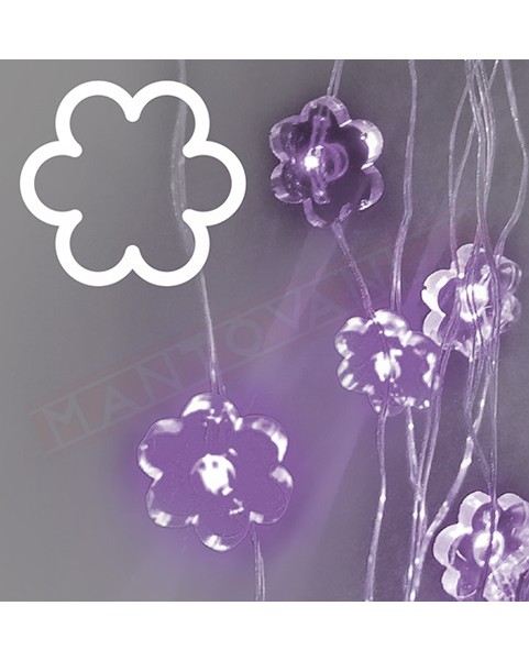 Collana Brilly Flowers 10 Fiori MicroLED 13mm Mix5 Colori Luce Fissa lilla a Batteria Portatile Interno Cavo Metal Argento Ø20cm