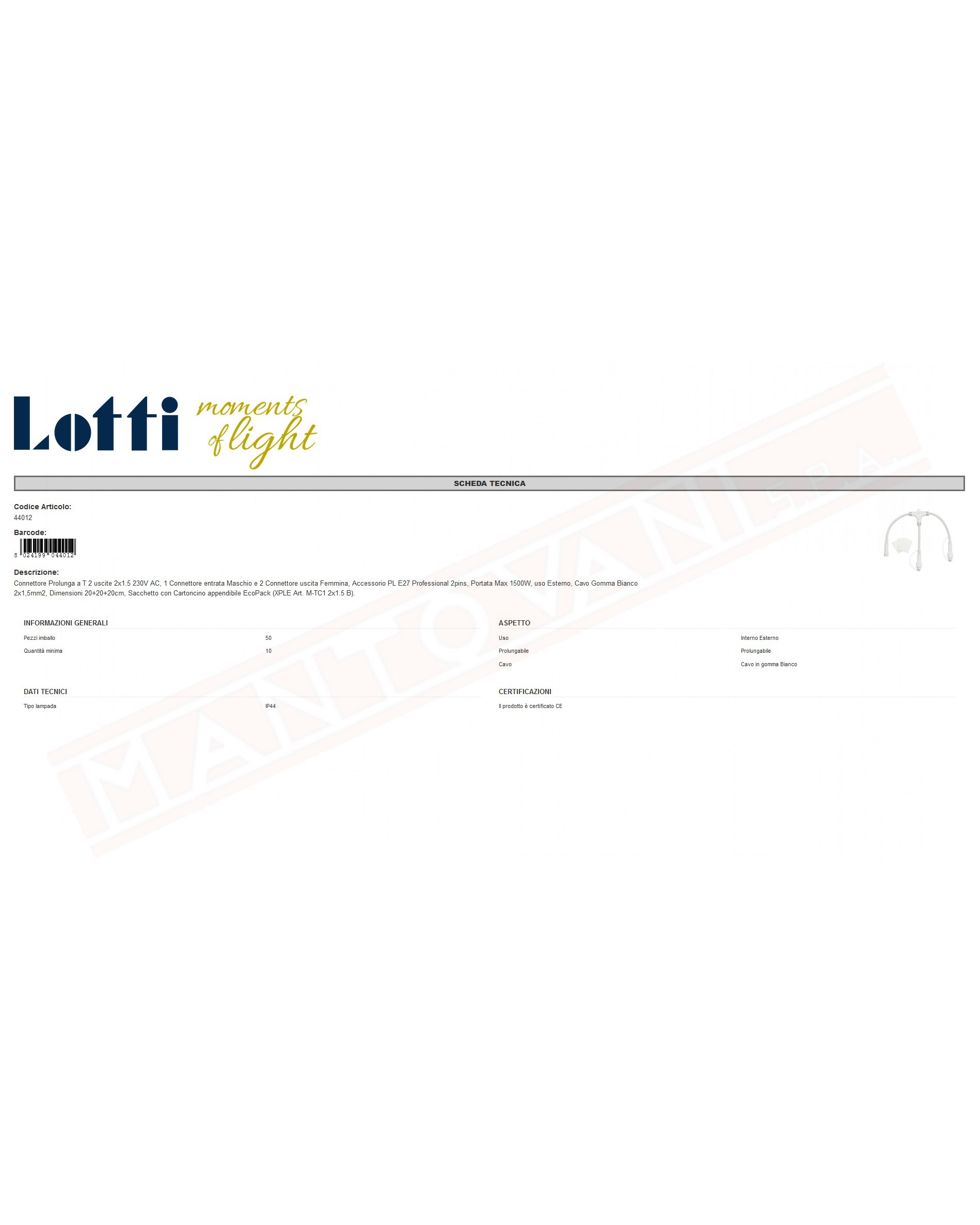 Lotti Importex Connettore Prolunga bianco a T 2 uscite 2x1.5 230V AC Accessorio PL E27 / PML 2pins Esterno 20+20+20cm