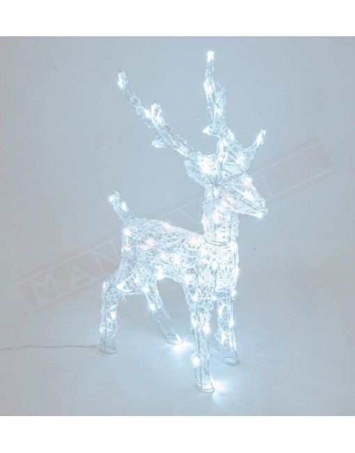 Renna luminosa 3d h 65 cm 80 led bianco 5 mm telaio metallo bianco con acrilico morbido luce fissa con trasformatore e timer